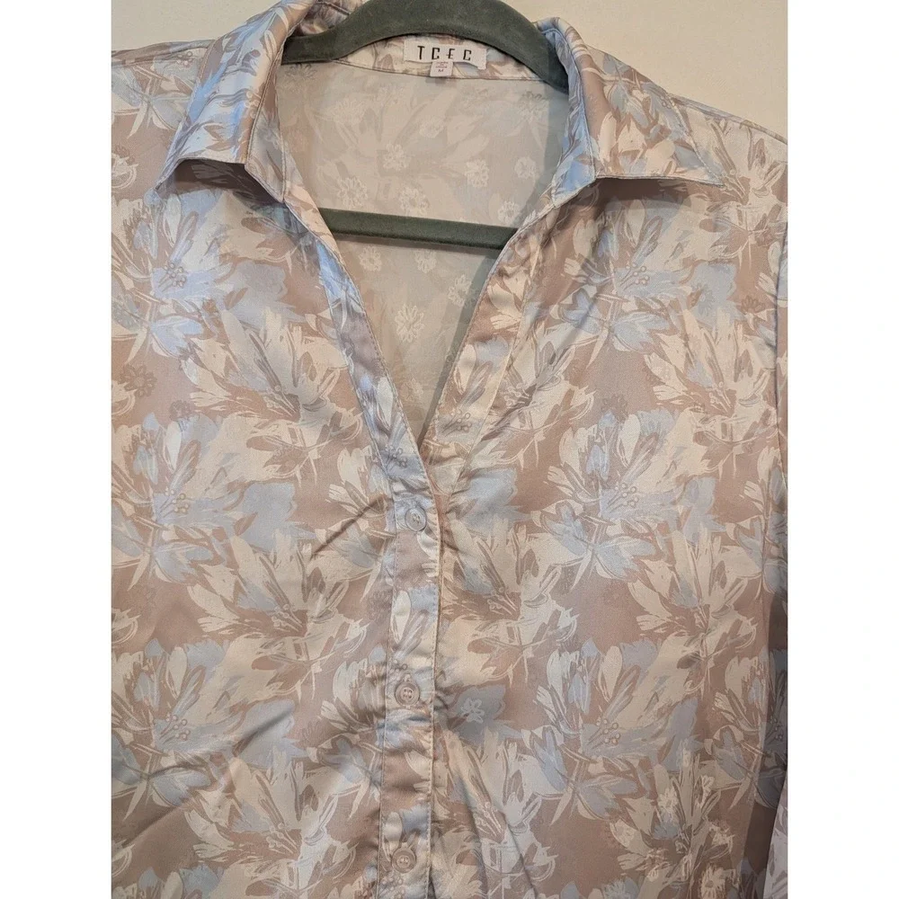 TCEC‎ Floral 2 Piece Set Womens Medium Blue Tan Peplum Top Ruffle Shorts CST1004